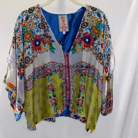 Johnny Was Women's Blue silk and velour Floral Boho Chic Top Size S - Picture 2 of 9